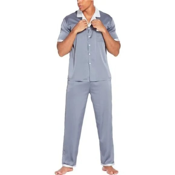 Men Silk Satin Pajamas Set Short Sleeve Light Gray - Picture 5 of 8